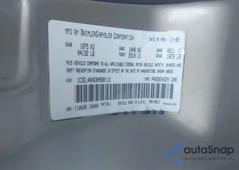 2003 Chrysler Sebring Lx из США, поврежденный, VIN 1C3EL46X63N568113